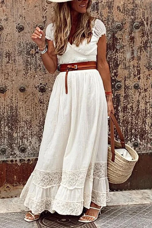 Indira - Lace V Neck Short Sleeve Maxi Dress