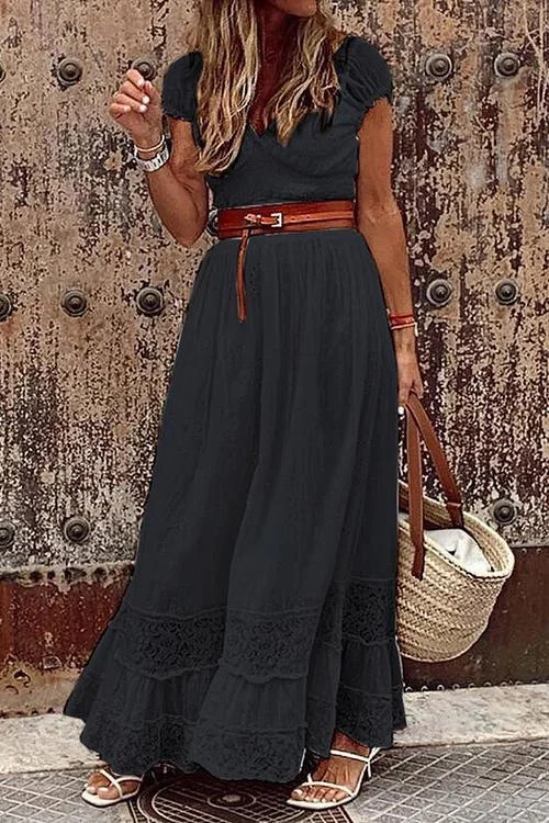 Indira - Lace V Neck Short Sleeve Maxi Dress