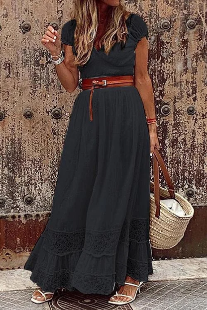 Indira - Lace V Neck Short Sleeve Maxi Dress
